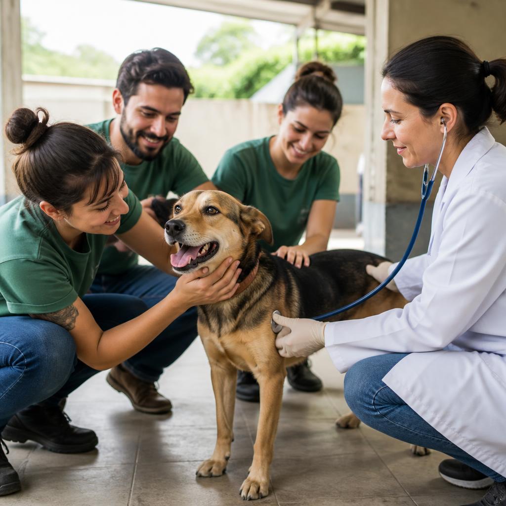 Voluntária cuida de um cão saudável em um centro de proteção animal.