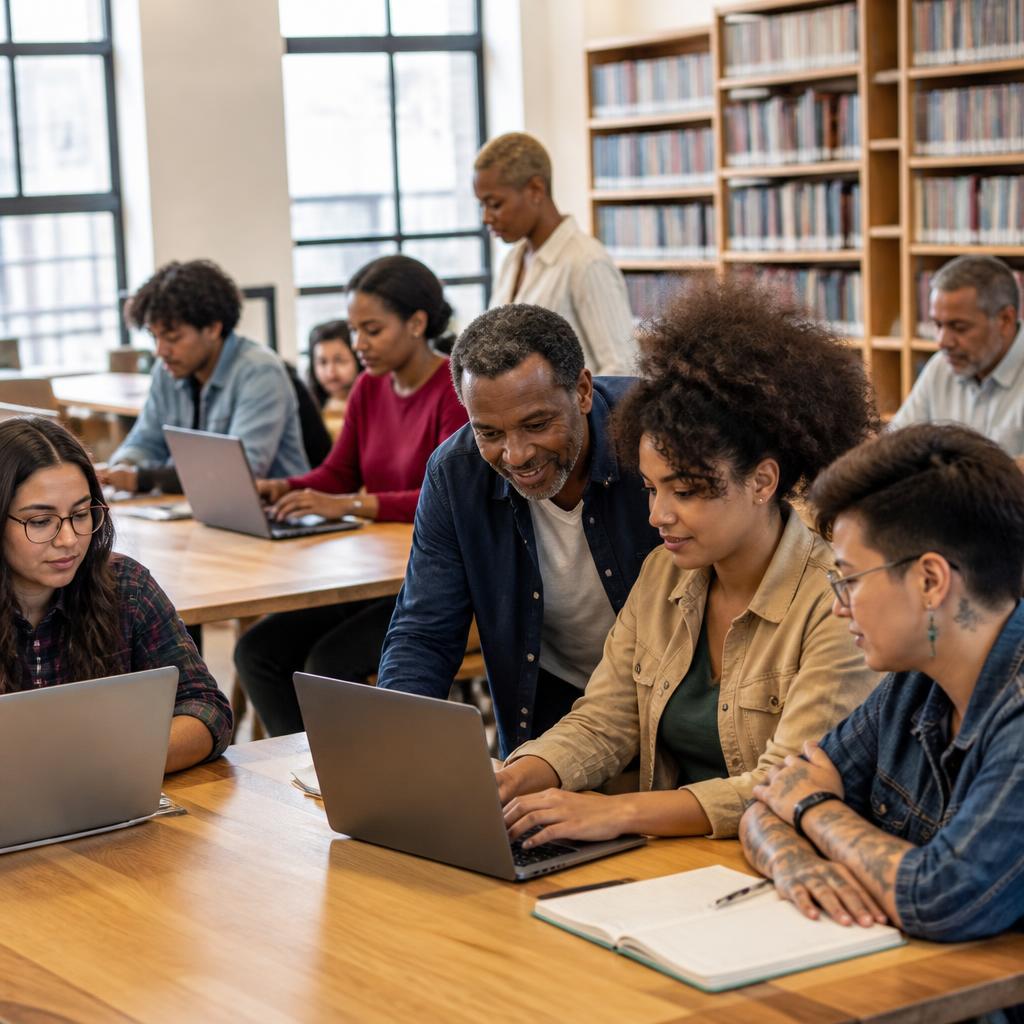 Pessoas aprendem a usar computadores em uma oficina de biblioteca pública.