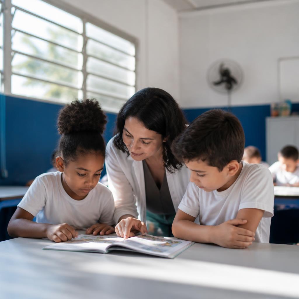 Educadora acompanha estudantes em uma sala de aula.
