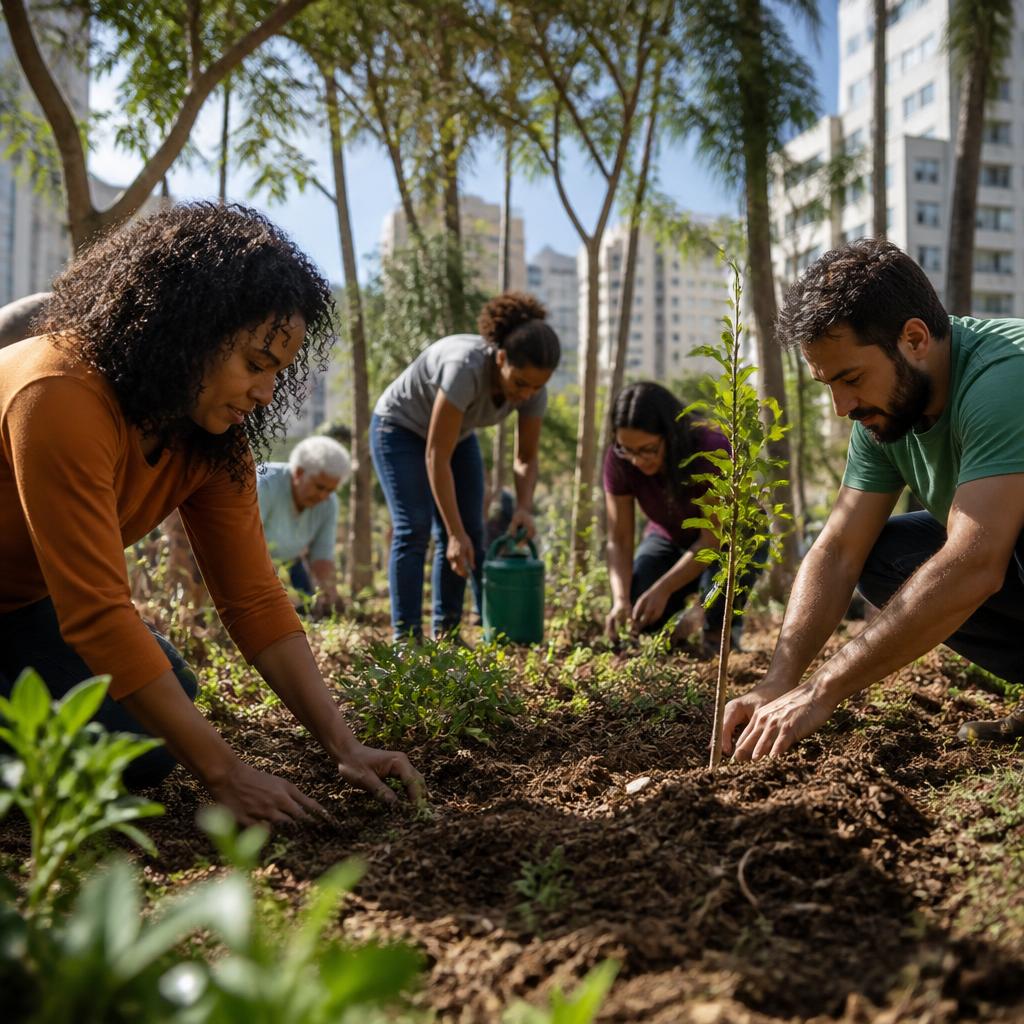 Moradores plantam mudas em uma área verde comunitária.