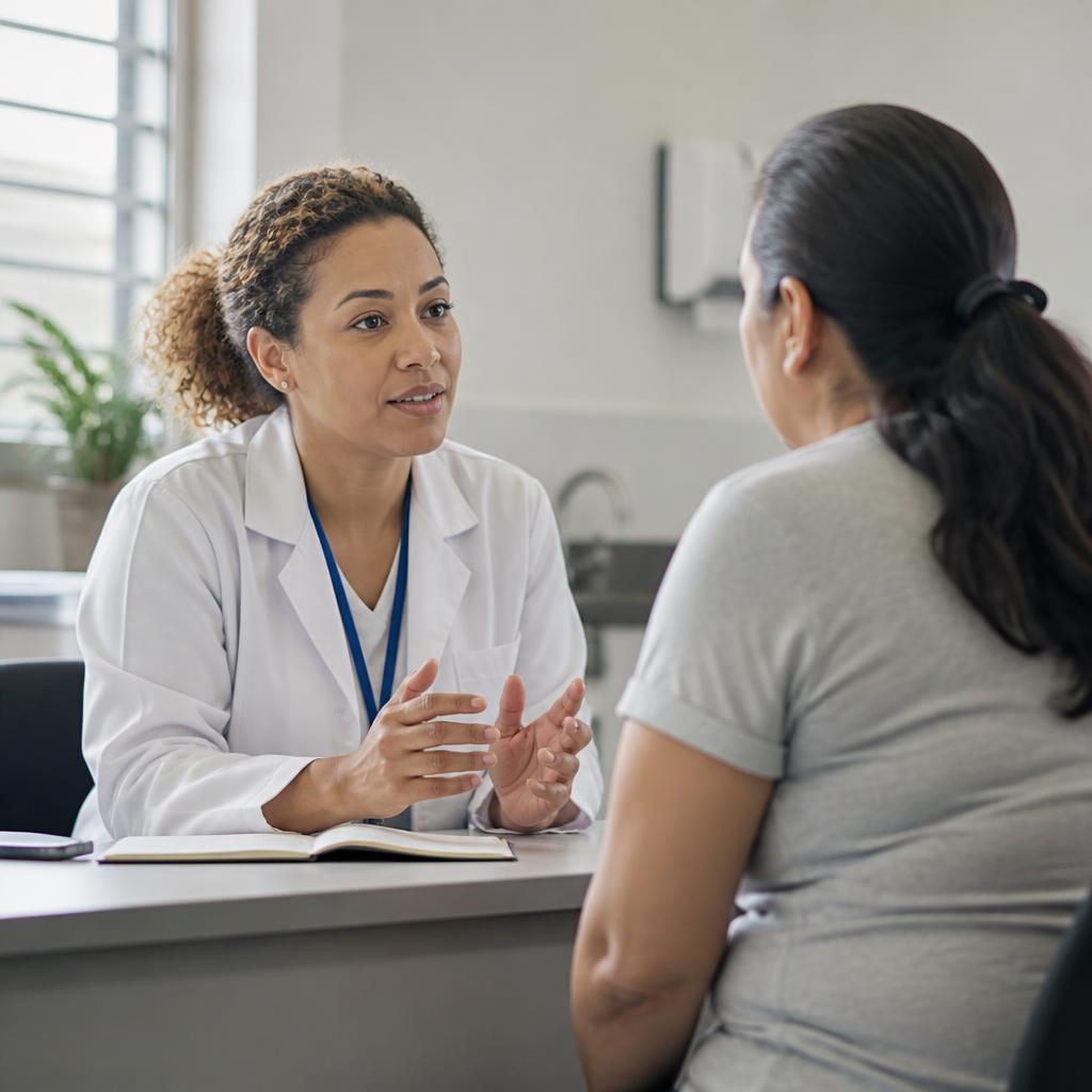 Profissional de saúde conversa com uma pessoa em uma clínica comunitária.