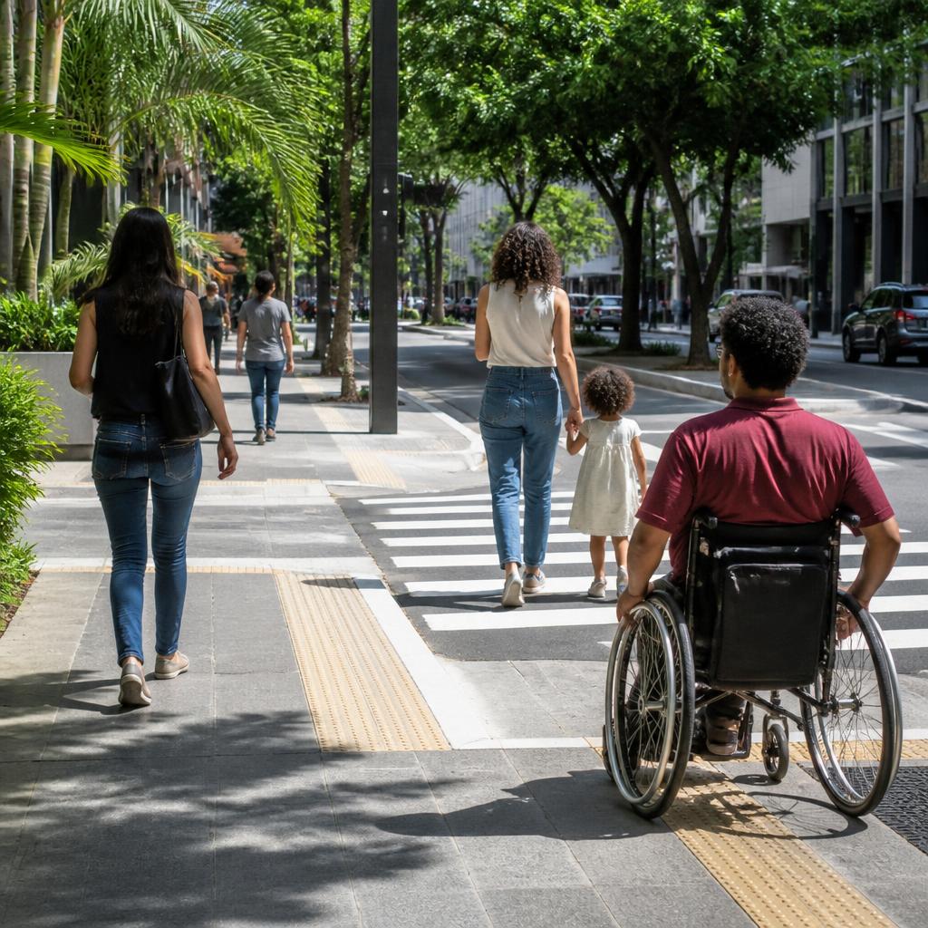 Pessoas atravessam uma rua por uma faixa acessível.