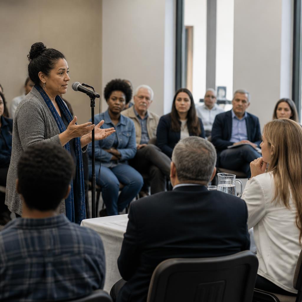 Cidadãos participam de uma reunião pública e discutem decisões de governo.