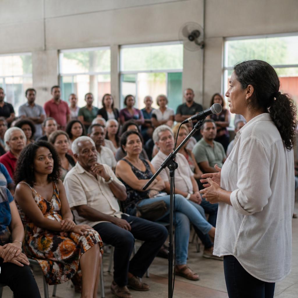 Moradores participam de uma audiência pública comunitária.