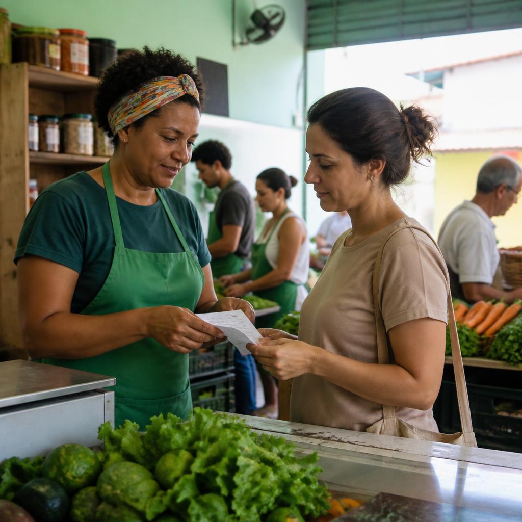 Vendedora e cliente conversam em um pequeno mercado de bairro.
